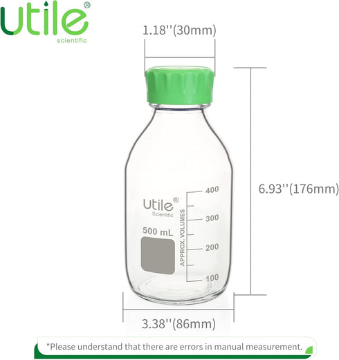 Media Bottle, 4 Pcs of 500ml Borosilicate Glass Bottles with GL45 Screw Caps for Lab Storage