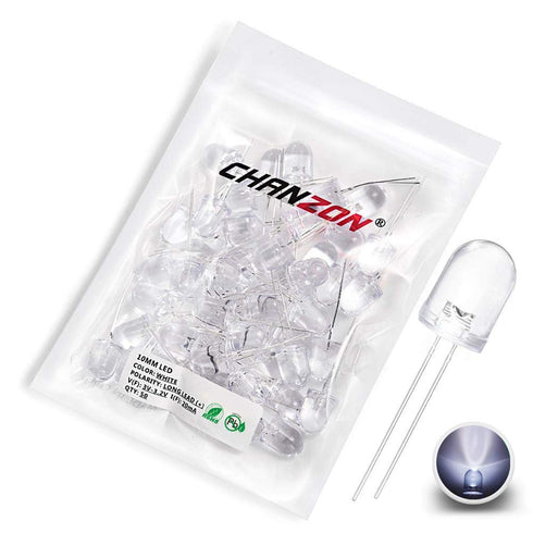 Chanzon 50 pcs 10mm White LED Diode Lights (Clear Round Transparent DC