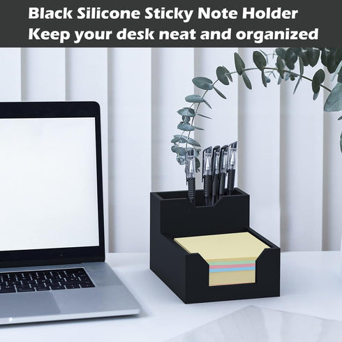 Black Sticky Note Holder, Silicone Memo Holder with Pen or Card Slots, Fits 3x3 Inches Sticky Notes, Dispenser