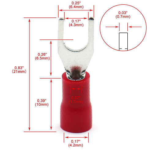 Baomain Red Insulated Fork Spade Wire Connector Electrical Crimp Terminal 16-22AWG #8 USA Screw (500PCS)