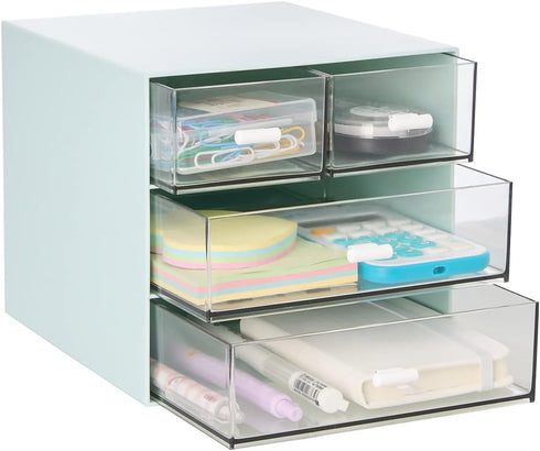 LETURE Desk Organizer with 4 Drawers - Clear Plastic Storage Box for Office Supplies, Gel Pens, Pencils