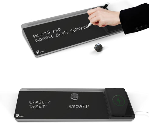 TOWON Black Desk Dry Erase Board with Charger Pad, Small Glass Desktop Whiteboard for Home Office Supply, 17 x 6 in