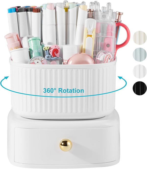 Pencil Pen Holder with Drawer, 5 Slots 360 Degree Rotating Organizer for Desk, School Supplies