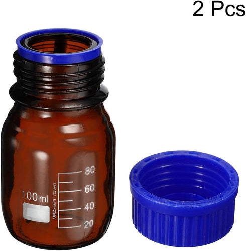 PATIKIL 100mL Amber Reagent Media Bottle, 2 Pcs Round Graduated Glass Storage Bottle with Blue Screw Cap