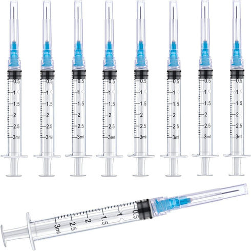 100 Pack 3ml/cc Plastic Luer Lock Syringes with 23Ga and Cap, Individually Sealed for Scientific Labs and Measuring