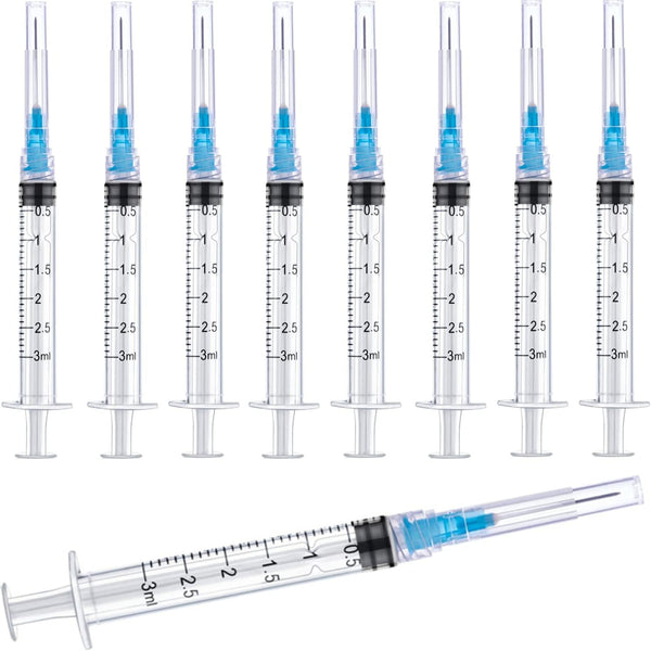 100 Pack 3ml/cc Plastic Luer Lock Syringes with 23Ga and Cap, Individually Sealed for Scientific Labs and Measuring