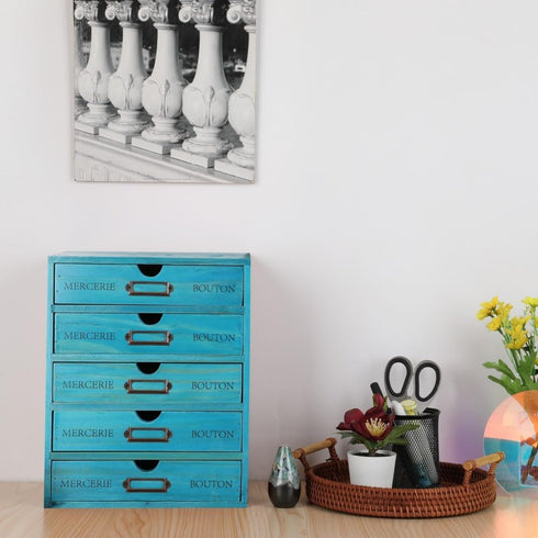 Wooden Storage Box with 5 Drawers - Vintage Apothecary Drawers, Wood Desktop Organizer, Blue