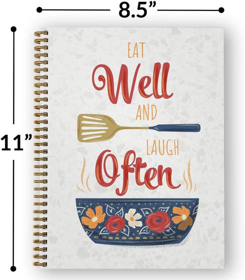 Softcover Eat Well 8.5" x 11" Recipe Spiral Notebook/Journal, 120 Recipe Pages, Durable Cover, Gold Wire-o Spiral