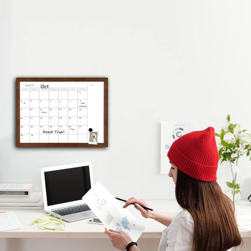 TORASO Dry Erase Monthly Calendar Board, Solid Wood Frame Magnetic Whiteboard for Wall, 12"x 16" Walnut Brown