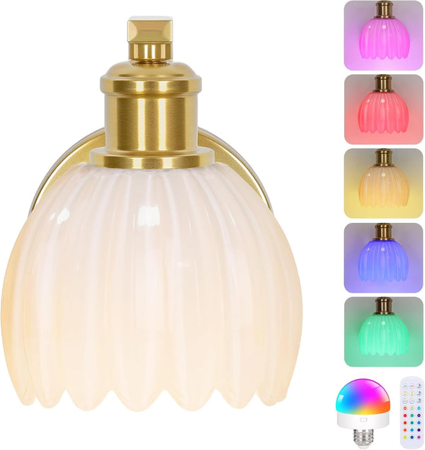 VerRon Rechargeable Battery Operated Wall Sconce with Milky White Glass Lampshade, Wireless
