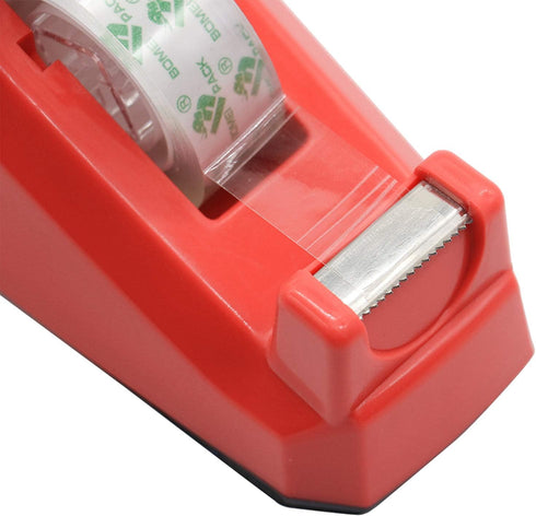 Cute Red Desk Tape Dispenser, 1 Pack with 12 Rolls Transparent Tape, 1 Inch Core for School, Office, Home DIY