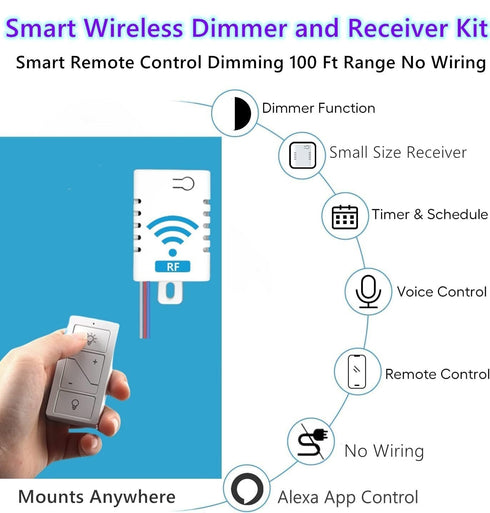 Smart Wireless Light Switch, Dimmer Switch & Receiver Kit No Wiring Wireless Remote Control Switch,Remote & Voice Control,Bluetooth Work with Amazon Alexa Only(1 Switch & 1 Receiver)
