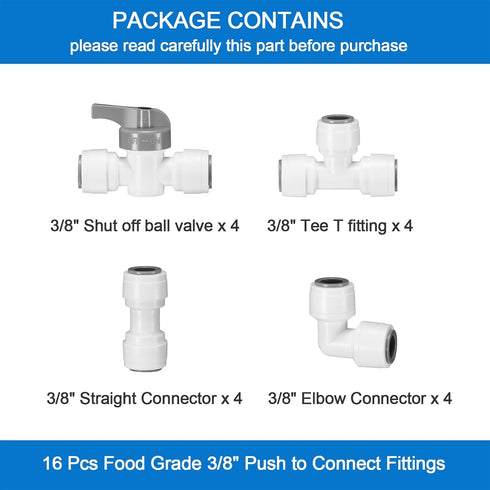 3/8" O.D. Quick Connect Fittings, Food Grade Push to Connect Fittings for RO Systems (16 Pcs)