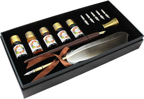 GIFTS Calligraphy Pen Set, 12-Piece Kit, 5 Nib & 5 Ink Set, Antique Dip Feather Pen Set (Wood + Feather)