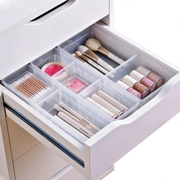 Desk Drawer Organizer Tray with Adjustable Dividers, Set of 4 (2 Large + 2 Small) for Makeup, Pens, Flatware