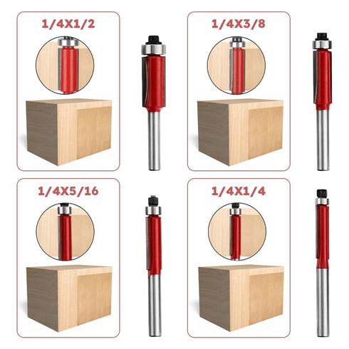 Ovrimelle 4PCS Set, 1/4 Inch Professional Flush Trim Router Bit Shank Top Bearing Hard Alloy Flush Trim Cut Router Bit