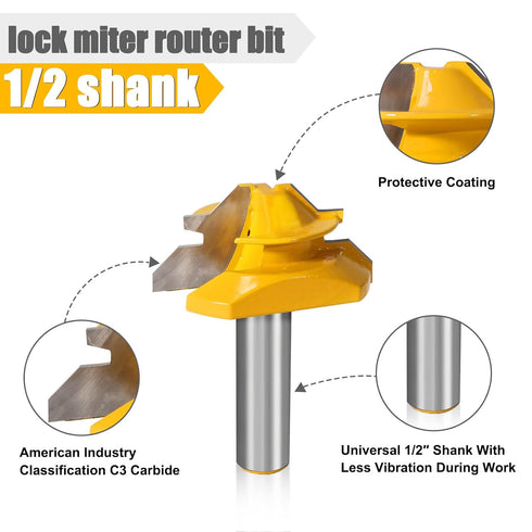 yqlbgprj Bit,45 1/2 Bit,3PCS, 31/64,37/64,3/4, Lock Miter Router Degree Lock Miter Router bit Shank,Box Joint Router