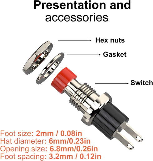 Momentary Push Button Switch, 1A 250VAC SPST Mini Pushbutton Switches, Normally Open (NO) Red Cap - 20pcs