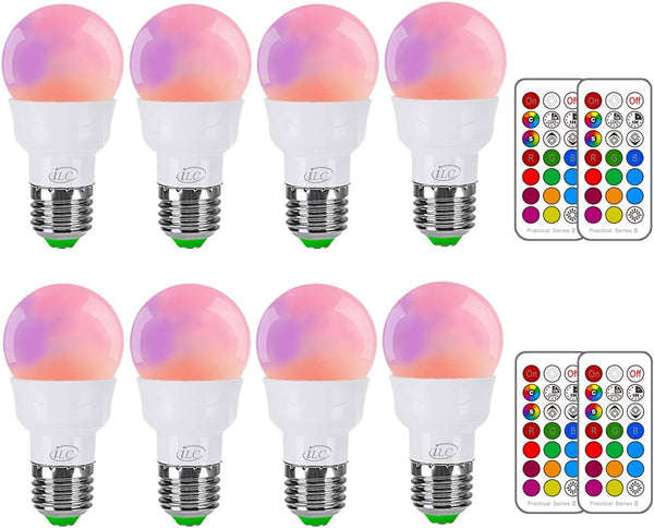 ILC RGB LED Light Bulb, Color Changing 40W Equivalent, 450LM Dimmable 5W E26, 12 Color Choices, Remote Control, 8 Pack