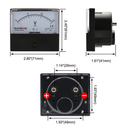 Baomain Voltmeter DH-670 AC 0-15V Rectangular Class 2.5 Analog Panel Voltage Meter