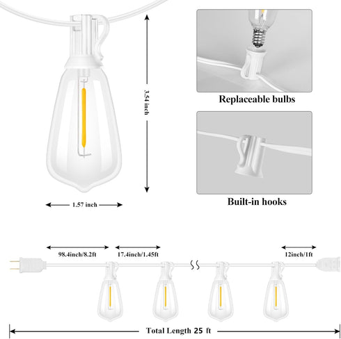 25 ST38 13 Bulbs, E12 Brightever Outdoor String Light FT, Patio Lights with Edison Waterproof Connectable Hanging