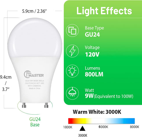 GU24 LED Light Bulb, 3000K Warm White, 9W(100W Equivalent), 800 Lumens, A19 Shape GU24 LED Bulbs, Twist and Lock GU24 Pin Base with Two Prongs, Non-Dimmable, UL ETL Certificated(4-Pack) by CFMASTER