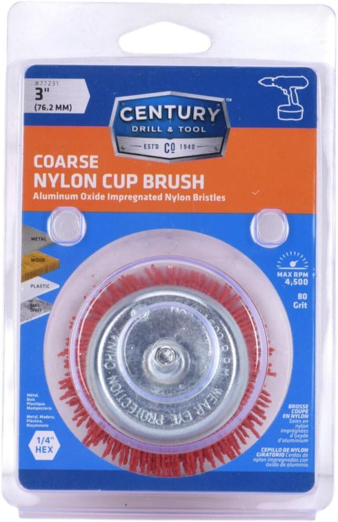 Century Drill & Tool 77231 3" Coarse Nylon End Brush, 80 Grit, 1/4" Shank, 4,500 RPM