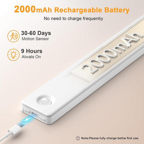 Closet Dimmable Counter (2-Pack) Under Cabinet Lighting, USB Rechargeable Motion Sensor Light Indoor, Battery Operated