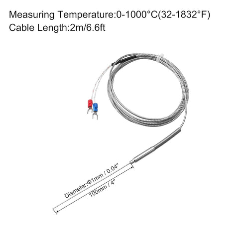 MECCANIXITY K Type Thermocouple Temperature Sensor Probe 1x100mm 6.6ft Wire 0 to 1000°C(32 to 1832°F) Stainless Steel