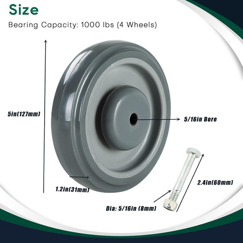 ATPEAM Shopping Cart Wheel Replacement Kit | 5" Diameter Polyurethane Stepped and Full Tread Face w/Double Ball Bearing Shopping Cart Wheel 1000 lbs Total Capacity, Pack of 4 (Gray) by ATPEAM