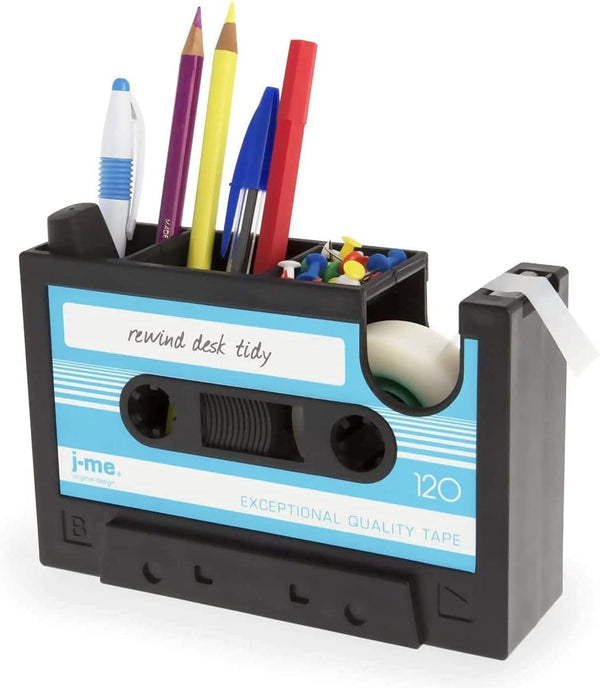 Cassette Tape Dispenser Pen Holder, Blue Stationery Desk Tidy Container Gift
