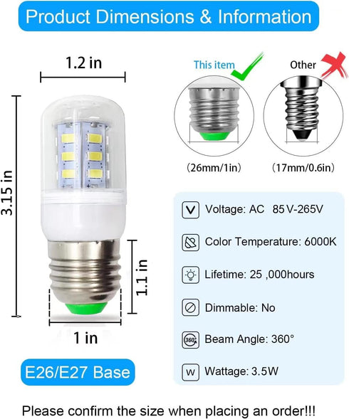 E26 LED Refrigerator Light Bulb 3.5W, 40W Equivalent, 6000K Daylight White, 500LM, 2-Pack, Non-Dimmable Energy Saving