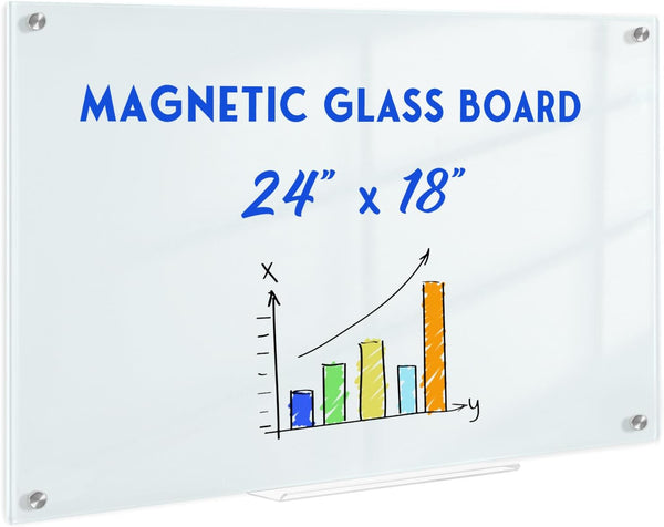 Magnetic Glass Whiteboard, 24" x 18" Frameless Dry Erase Board for Office, Home, Classroom with Marker Tray