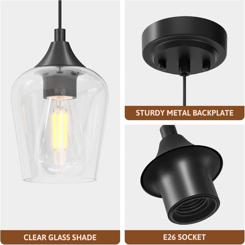 E26 VONLUCE Pendant Light Kitchen Island, Matte Black Pendant Light Fixture with Base & Adjustable Cable, Modern