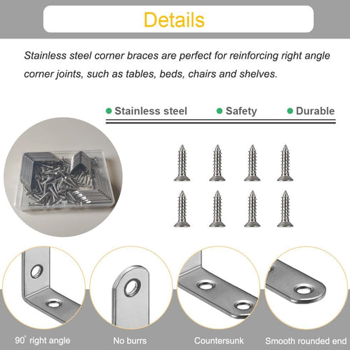 24 3 90 Pcs L Bracket Size Corner Brace Stainless Steel Small Shelf Braces for Wood, Shelves, Wall Hanging Support