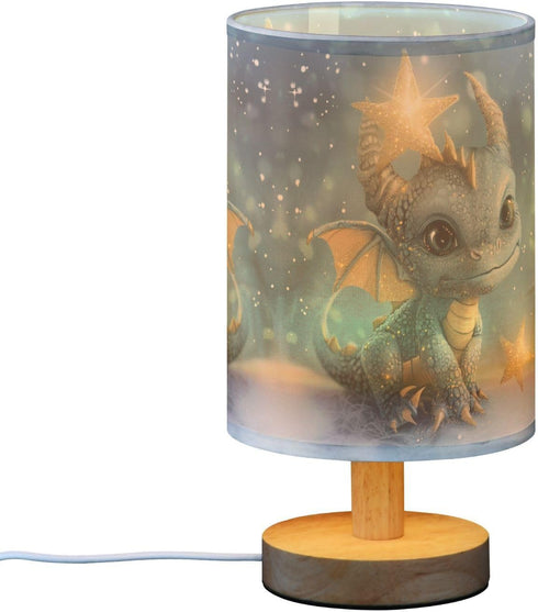 YYZZH Table Lamp Watercolor Dragon Baby Animal Nightstand Lamp with Wood Base Fabric Lamp Shade Bedside Desk Lamp