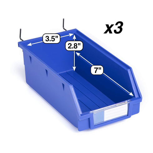Pegboard Bins 3 Pack Blue Extra Large - Hooks to Any Peg Board - Organize Hardware, Accessories, Attachments, Workbench, Garage Storage, Craft Room, Tool Shed, Hobby Supplies, Parts