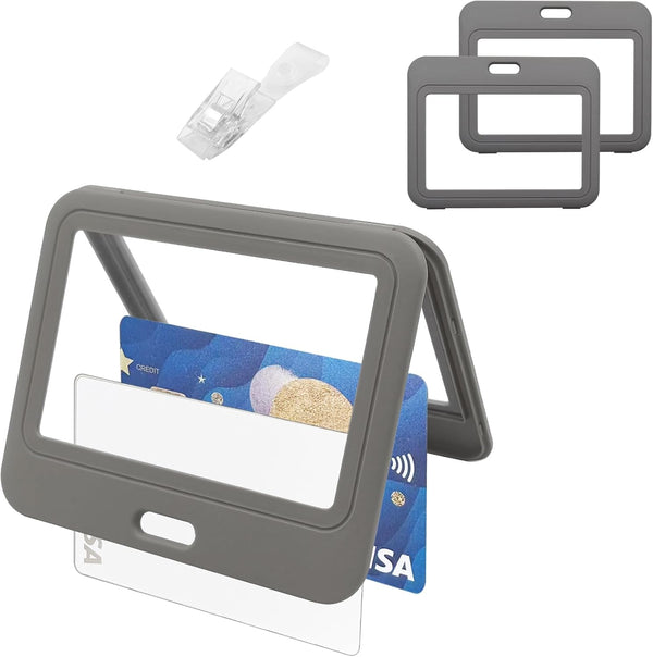 ID Badge Holder with Plastic Clip, Double-Sided Transparent Windows Horizontal Hard Grey Plastic Case for Office School