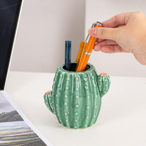 Ceramic Cactus Pen Holder Stand, Cactus Pencil Holder Organizer for Makeup Brushes, Home Office Desk (Green)