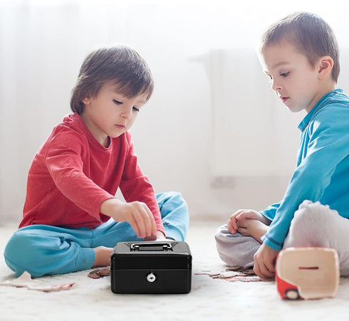 Jssmst Small Lock Cash Box with Money Tray, Metal Lock Box for Kids, Black, 5.91 x 4.72 x 2.95 inches