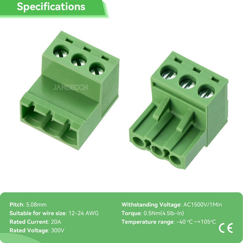 20Pcs 3 Pin 5.08mm Pitch DIY PCB Mount Screw Terminal Block Connector with 20Pcs Phoenix Plug