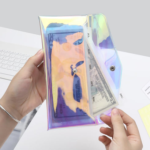 Cash Envelopes Wallet Set with Clear Rainbow Wallet, 6PCS Cash Divider, Pocket Cash Envelopes, and Tab Stickers for