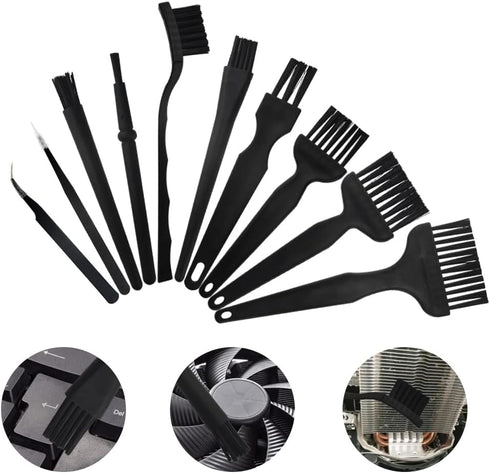 10 in 1 Nylon Anti Static Brushes Keyboard Cleaning Kit for Portable Plastic Handle, Computer, Car, Lab (Black)