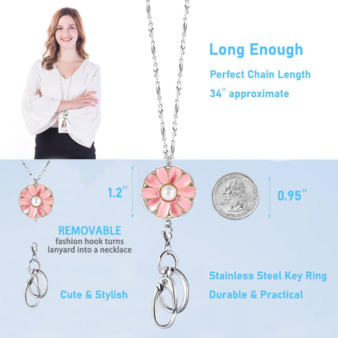 SAM & LORI Strong Pretty Lanyard Necklace for Women, Stainless Steel Diffuser Metal Chain with Badge Clip, Pink Daisy
