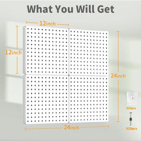 Peg Board, 4PCS Heavy Duty Metal Pegboard Wall Organizer, White Pegboard for Garage Craft Room Office Tool Organization