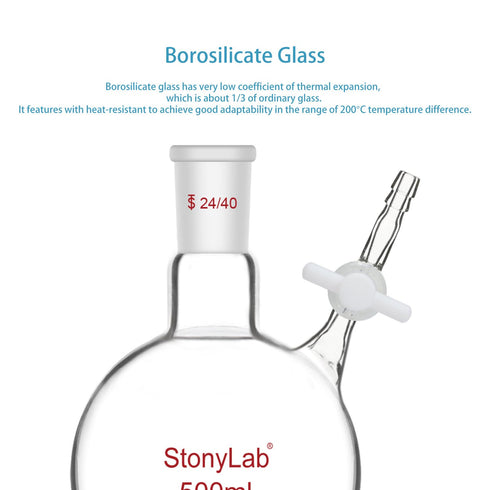 stonylab Borosilicate Glass Reaction Flask, Single-Neck with 24/40 Joint and PTFE Stopcock Valve, 500 ml