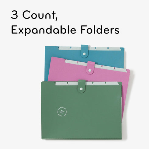 U Brands U-Eco 6 Pocket Poly Expandable Folder, Set of 3, Assorted Brights, Snap Button Closure, Letter Size