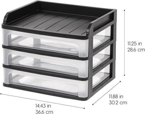 IRIS USA Plastic Desk Top 3-Drawer Storage Organizer, 1-Pack for Makeup, Art Supplies, Medium, Black