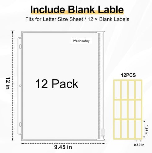 KTRIO 12 Pack Zipper Binder Pocket, Letter Size Clear PVC Loose Leaf Pouch for 3 Ring Binder Document Storage