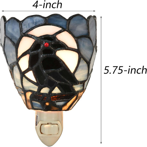 L12022 Bieye Tiffany Style Stained Glass Raven Plug-in Night Light Gothic Crow and Full Moon Design Bedside Wall Lamp